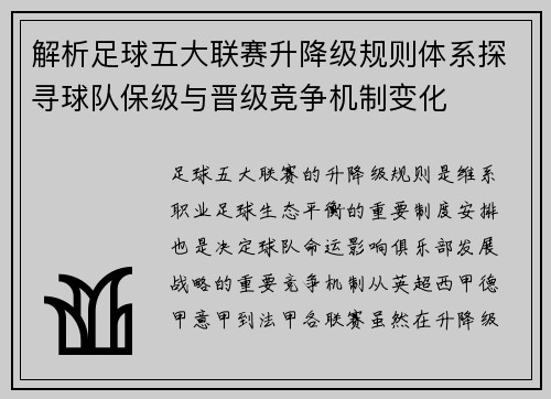 解析足球五大联赛升降级规则体系探寻球队保级与晋级竞争机制变化